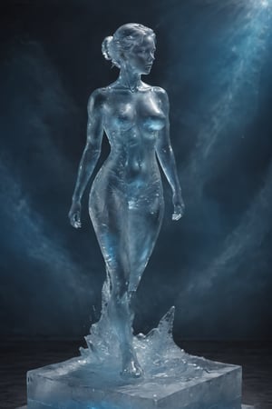 photo of a woman, a woman (made_of_ice:1.3), on a pedestal, modelshoot style, photo of the most beautiful artwork in the world, High Detail, Sharp focus,in the middle of a square, full body, (closeup), best quality, glass art, magical holographic glow,xray