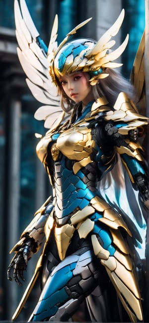 powerful fairy mecha character, mecha fairy wings, anthropomorphic figure, wearing futuristic fairy armor and weapons, reflection mapping, realistic figure, hyperdetailed, cinematic lighting photography, 8k uhd with a golden staff, rgb lighting on armor and wings, 

