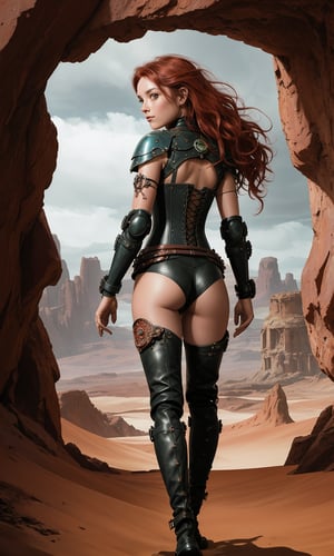 A beautiful female steampunk explorer, walks with her companions at the edge of an otherworldly alien landscape. She wears a intricately designed leather corset adorned with copper filigree, a leather skirt and thigh high boots,  her long curly hair blowing in the breeze. The rust-red sand dunes stretch out before her, punctuated by peculiar rock formations and futuristic ruins. She is turning back to the viewer as if beckoning you to catch up to her.