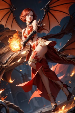 short red hair, 1girl, accessories, full body, dragon, piercing, intricate background, fantasy, mythical, mysterious, masterpiece, best quality, dynamic angle, cinematic composition, detailed face, fire bang background, fire wings,fire clothing