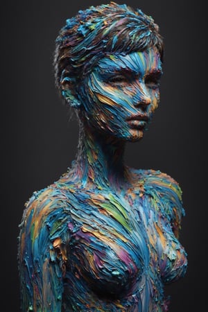 All Paint is smooth, long flowing strokes of acrylic paint, 4k, a sensual brunette, pixie cut, short hair, (arms above head:1.3),woman covered in smooth paint strokes, emily ratajkowski face coverd in paint, she is looking sensually at the viewer, (her eyes are directed at the viewer:1.2), large breasts covered in paint, every curve of her body is accentuated by the flowing paint , face covered in paint, hips covered in paint, legs covered in smooth sensual paint , ((Black background)),shoulders and arms covered in paint, blue paint, lime paint, green paint, teal paint, purple paint, aqua paint, ((close_up)) ,covered with ais-acrylicz