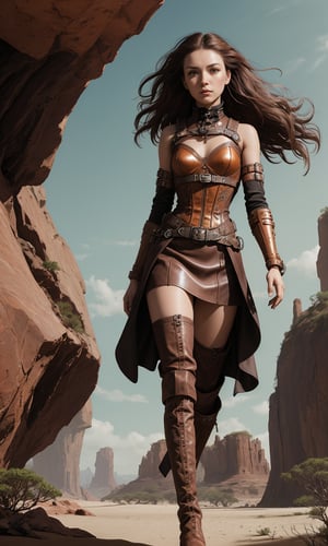 A beautiful female steampunk explorer, walks with her companions at the edge of an otherworldly alien landscape. She wears a intricately designed leather corset adorned with copper filigree, a leather skirt and thigh high boots,  her long curly hair blowing in the breeze. The rust-red sand dunes stretch out before her, punctuated by peculiar rock formations and futuristic ruins. She is turning back to the viewer as if beckoning you to catch up to her.