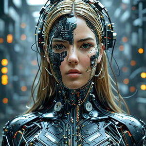 Impressive cyberpunk style art, female neuromancer, (Kate Upton), long hair composed of cables,Game day battle face paint, many wires coming out of her head and legs, high-tech jacket composed of white and black circuit boards, metal parts, prosthetic hands made of high-tech materials, full_body, A breathtaking masterpiece, Cyborg,circuitboard,ktrmkp