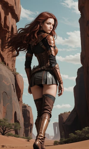 A beautiful female steampunk explorer, walks with her companions at the edge of an otherworldly alien landscape. She wears a intricately designed leather corset adorned with copper filigree, a leather skirt and thigh high boots,  her long curly hair blowing in the breeze. The rust-red sand dunes stretch out before her, punctuated by peculiar rock formations and futuristic ruins. She is turning back to the viewer as if beckoning you to catch up to her.