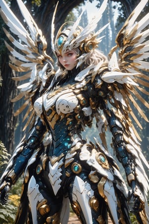 powerful fairy mecha character, magical forest background, mecha fairy wings, anthropomorphic figure, wearing futuristic fairy armor and weapons, reflection mapping, realistic figure, hyperdetailed, medium breasts, cinematic lighting photography, 8k uhd with a aqua staff, rgb lighting on armor and wings, 

