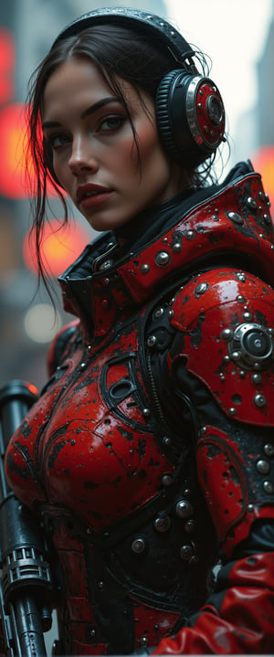 cyberpunk live action film scene, stunning European woman wearing red and black sci-fi power armour, (the armor is richly detailed with complex elements and the grit of long war), headphones, dark eyeshadow, holding assault rifle on cyberpunk street in the early evening, both sensual and serious as death, urban details and advertising, bokeh, side lighting,ct-physmstyle, DLSR, 8k