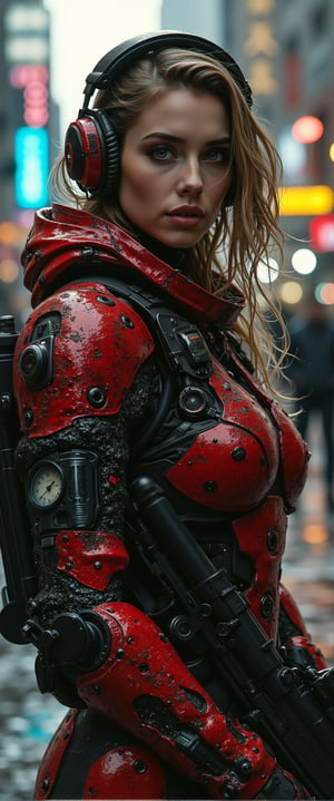 cyberpunk live action film scene, stunning European woman wearing red and black sci-fi power armour, (the armor is richly detailed with complex element and the grit of long war), headphones, dark eyeshadow, holding assault rifle on cyberpunk street in the early evening, urban details and advertising, bokeh, side lighting,ct-physmstyle, DLSR, 8k