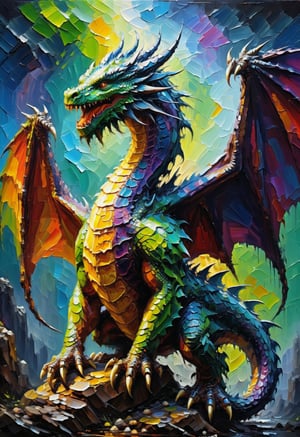 A great dragon, a masterpiece in oil paint , fine brush strokes, vibrant colors and lighting ,palette knife painting