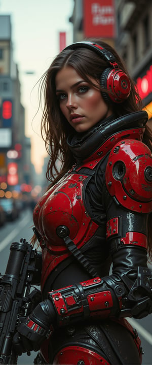 cyberpunk live action film scene, stunning European woman wearing red and black sci-fi power armour, (the armor is richly detailed with complex elements and the grit of long war), headphones, dark eyeshadow, holding assault rifle on cyberpunk street in the early evening, both sensual and serious as death, urban details and advertising, bokeh, side lighting,ct-physmstyle, DLSR, 8k