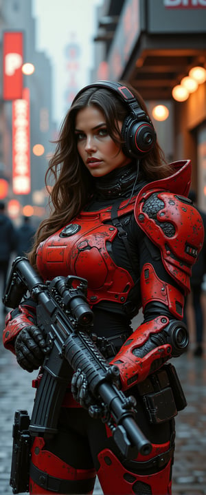 cyberpunk live action film scene, stunning European woman wearing red and black sci-fi power armour, (the armor is richly detailed with complex elements and the grit of long war), headphones, dark eyeshadow, holding assault rifle on cyberpunk street in the early evening, both sensual and serious as death, urban details and advertising, bokeh, side lighting,ct-physmstyle, DLSR, 8k