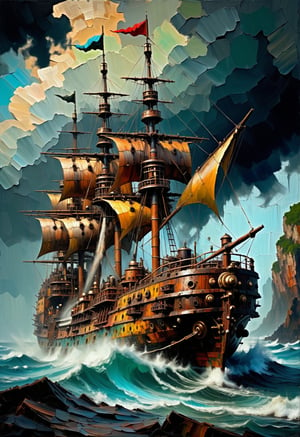 An imaginative and impressionist depiction of a steam punk, tattered, and battle-worn appearance of a large wood hulled ship, with vibrant, focused brushstrokes capturing every detail. A focused impressionist image where every brushstroke is sharp and clear. Color palette blends muted, earthy tones with vibrant accents, enhancing the depth and atmosphere of the scene. Every detail in the image in sharp focus. Distinct forms and shapes in the background should suggest a looming storm.,SteamPunkNoireAI,palette knife painting,tpship