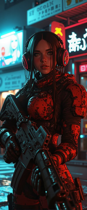 cyberpunk live action film scene, stunning European woman wearing red and black sci-fi power armour, headphones, dark eyeshadow, holding assault rifle on cyberpunk street at night, neon signs and advertising, bokeh, side lighting,ct-physmstyle, DLSR, 8k