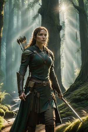 cinematic scene, lord of the rings human ranger moving silently through an ancient forest, she has gear for a long journey, ancient staff in hand, face radiant with wisdom and intelligence, heroic competence and mystery, the ranger is healthy and grim and impressive, softly-illuminated,Extremely Realistic,fairytale environment