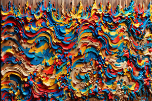 A scupture of inumerable colored wooden blocks embedded edge on into a large wall, bold staining of the wood creates (color chaos:1.4), wood grain is covered with vibrant ais-acrylicz, hundreds of blocks are of dramatically differing thicknesses,  the seemingly random arrangement is beautiful in it's complexity and variety,ais-acrylicz