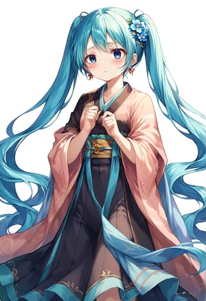 score_9, score_8_up, score_7_up,source_anime,BREAK,1girl, standing,cowboy shot,miku,twintails,hanfu, jewelry, very long hair, blue eyes, shawl, hair flower, standing, hair bun, blush, earrings,white background,