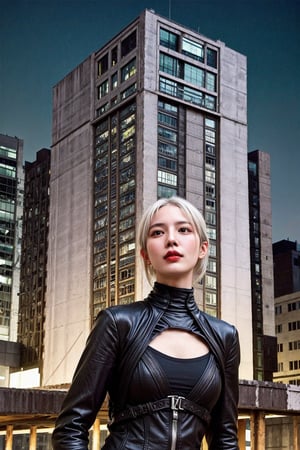 cinematic poster style, (18yo Asian girl, white hair, dark_assassin_clothes), background is city in night with big moon, 
highres 16k wallpaper, ultra highres, masterpiece, ultra realistic, The atmosphere is captured in high grain, reminiscent of ISO 800 film with wide angle, photorealistic, REALISM