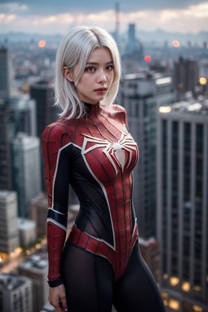 (1girl, white hair), (medium breasts), (cosplay spiderman suit, black color), swings between skyscrapers, The cityscape below her features tall buildings, some under construction, against a dramatic sky, (bokeh effect:1.3), (fullbody_shot), ISO 800
