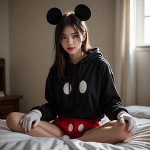 Perfect dynamic composition, Perfect Realism Photography, Portrait Photography, Realistic, hyper realistic, Cinematic Photography, full body shot, panorama, 1girl, perfect body, skinny waist | She is wearing a classic black hoodie inspired by Mickey Mouse’s signature look. The hood would feature large, round black ears on top, instantly recognizable as Mickey’s iconic feature. The body of the hoodie would resemble Mickey’s red shorts, with two large white buttons printed on the front to mimic the shorts’ design. The sleeves would have white glove-like cuffs to resemble Mickey’s gloves, adding a playful touch. The back of the hoodie could have a small, thin black tail for added detail, completing the Mickey Mouse look. Perfect for fans of the beloved character, combining comfort with timeless cartoon fun. | She sat cross-legged on the bed, her feet tucked comfortably beneath her as she leaned back against the headboard. The soft blanket was pulled up around her legs, and she absentmindedly traced the patterns on the fabric with her fingers. The bedroom was quiet, bathed in the soft light streaming in from the window, creating a cozy, intimate atmosphere