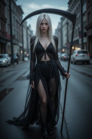 Cinematic Photography, 1girl, white_hair, perfect body, perfect clavicle, cleavage, skinny waist, red eyes, wardrobe_error | A mysterious figure emerges from the veil of fog, a woman in dark cloak (holding scythe), confident stance on dimly lit street. Her eyes aglow with unearthly intensity survey deserted landscape, casting foreboding yet mesmerizing presence. Misty air swirls ankles, adding eerie atmosphere to haunting scene: eerie lighting, dark tones, mystical subject. | Perfect dynamic composition, Perfect Realism Photography, Portrait Photography, Realistic, hyper realistic