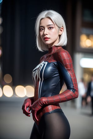 (1girl, white hair), (suit of spiderman), cosplay, (bokeh effect:1.3), (cowboy_shot), from front, ISO 800