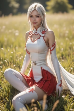 Cinematic Photography, 1girl, white_hair, perfect body, skinny waist, lovely smile | The girl is wearing a white and red warrior outfit that combines elegance and practicality, featuring a form-fitting sleeveless top with a high collar and reinforced chest armor plates, red and gold shoulder accents that leave her upper arms exposed, and a pleated red skirt adorned with intricate, royal cross patterns near the hem, reminiscent of medieval heraldry. Her thigh-high white stockings are detailed with red royal cross designs that wrap at her sides of stockings, adding a regal touch to her look. Long white gloves extend past her elbows, while a flowing cape-like back skirt drapes down to her ankles, creating a dynamic sense of movement. Ankle-high white boots complete the outfit, emphasizing her role as a warrior. She sits gracefully on the grass with one leg bent and the other extended, her torso gently angled to the side, supported by one hand resting on the ground, while her head tilts slightly upward, gazing at the scenery with a serene expression, her posture radiating a sense of peace and contentment amidst the beauty of nature. | Perfect dynamic composition, Perfect Realism Photography, Portrait Photography, Realistic, hyper realistic, full shot, panorama