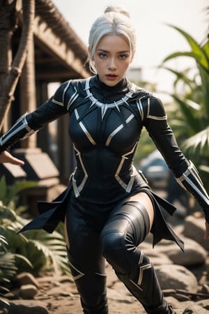 (1girl, white hair), girl as black panther, perfect body, skinny waist | suit of black panther from marvel studio, black suit | (jungle in background:1.1), realistic, (bokeh effect:1.3), cinematic lighting, ISO 800, photorealism, masterpiece