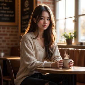 panorama,1girl, perfect body, skinny waist, Portrait Photography | A young woman in her early twenties sits at a small coffee shop table, wearing a cozy, oversized beige sweater that slightly drapes over her shoulders. The sweater has a ribbed texture that adds a casual yet stylish feel. Her dark jeans are rolled at the ankles, revealing a pair of worn-in, white sneakers with subtle scuff marks, indicating frequent use. Her long, wavy brown hair falls loosely around her face, framing her soft features. She wears minimal makeup, with just a hint of natural lip balm giving her lips a soft shine, and her nails are painted a deep maroon, gripping the ceramic mug. | She sits in a relaxed but engaged manner, leaning slightly forward with her elbows resting gently on the wooden table. Her fingers are curled delicately around a steaming cup of coffee, held close to her chest as if savoring its warmth. Her legs are crossed at the ankle, subtly angled toward the window, where soft light spills in. Her gaze is downcast, seemingly lost in thought as she idly traces the rim of the cup with her thumb. | The coffee shop is quaint, with a warm, rustic ambiance. The walls are lined with exposed brick, adorned with a few hanging plants and vintage posters. A large window to her right lets in the golden afternoon sunlight, casting gentle shadows across the wooden floor and tables. Behind her, a chalkboard menu with whimsical, hand-drawn illustrations displays the coffee shop's offerings. Soft, indie music hums in the background, blending with the occasional clinking of cups and quiet chatter of other patrons. | ISO of 200, a wide aperture of f/2.8 to blur the background, and a shutter speed of 1/125 to freeze the slight movements of her hands on the cup. White balance set to a warmer tone to highlight the golden sunlight spilling into the room.