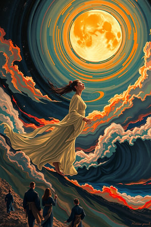 Perfect dynamic composition, Perfect Realism Photography, Portrait Photography, Realistic, hyper realistic, Cinematic Photography, panorama. | Painting "Mid-Autumn Festival, Chang'e Ascends to the Moon" in the style of Skrik (The Scream by Edvard Munch) | A swirling vortex of color and emotion. The serene image of Chang'e ascending toward the moon would be replaced by an ethereal, ghostly figure, her face twisted in an expression of both longing and existential fear. The moon, once a soft beacon of light, becomes a looming, distorted presence in the sky, glowing with an unsettling, almost ominous brightness. The surrounding clouds and night sky, instead of being calm, are now rendered in jagged, chaotic brushstrokes, their hues exaggerated into swirling oranges, reds, and purples, mirroring an inner turmoil. The landscape below, typically peaceful and harmonious in traditional depictions, undulates like a dreamscape, with distorted, ghostly silhouettes watching her ascent, emphasizing a sense of isolation and the fragility of the human condition in the face of the vast, uncaring universe. The entire scene vibrates with tension, as if the very fabric of reality is on the verge of unraveling.