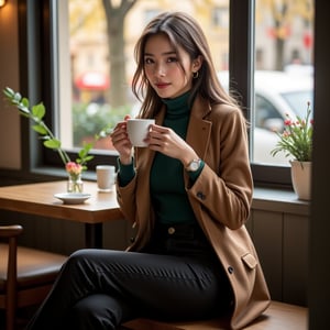 panorama,1girl, perfect body, skinny waist, Portrait Photography | A young woman in her early twenties sits at a small coffee shop table, wears a sleek, forest-green turtleneck sweater that fits snugly, accentuating her relaxed yet polished style. Over the sweater, she has on a light brown, double-breasted wool coat, left unbuttoned, adding a touch of urban sophistication. Her black, high-waisted trousers have a tailored fit, with slim legs tapering just above her ankle boots. The boots are matte black leather with a slight heel, giving her look an understated edge. Her hair, still long and wavy, is now neatly tucked behind one ear, revealing a small, gold hoop earring. She’s also wearing a simple, silver wristwatch on her left hand, complementing her overall minimalist aesthetic. | She seated with her body turned slightly toward the window, her coat falling open as she leans forward. One hand cradles the coffee cup close to her lips, while the other rests on the table, fingers lightly tapping the surface. Her posture is calm yet intentional, exuding quiet confidence. Her legs are crossed at the knee this time, emphasizing a more poised and elegant demeanor. | The coffee shop is quaint, with a warm and rustic, but with a more modern touch to match her updated style. The wooden tables now have small glass vases with fresh flowers, and the hanging plants are more lush, adding a sense of vitality to the space. The large window still lets in the same golden light, but outside, you can catch glimpses of a bustling city street with blurred figures walking by. The atmosphere is cozy yet lively, as the soft chatter of other customers blends with the ambient music. | ISO of 400 to balance the indoor light. A wide aperture of f/2.2 will keep the focus on her while allowing the background to softly blur. A shutter speed of 1/100 will capture her subtle movements, and white balance should be slightly cooler to contrast her warm clothing tones and the golden light from the window.