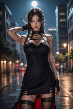 Close up shot, Cinematic Photography, panorama, 1girl, red eyes, perfect body, skinny waist | She is wearing a black form-fitting sleeveless dress, revealing the upper part of her thighs. The neckline is formed by multiple thin black straps that cross and connect around her neck, creating a choker-like appearance while framing her collarbone and shoulders. She is wearing thigh-high black stockings with cut-out designs near the top, creating a bold and striking contrast against the smooth, matte finish of the fabric. Her hands are adorned with short black gloves that extend past the wrist. She is wearing black high heels. Her dress has a flowing cape attached from waist with a red inner lining. A golden rose-shaped accessory is pinned to her hair, and she is holding a dagger above her head. | Her posture is relaxed and confident, with a casual, yet poised stance. She is standing with one hand raised behind her head, casually resting it against her hair, which gives off a sense of ease and self-assuredness. Her other arm is relaxed at her side, further emphasizing the laid-back nature of the pose. The slight tilt of her head and her subtle smile convey a playful and approachable demeanor, while still maintaining an air of strength. | The background depicts a vibrant cityscape at night, illuminated by the soft glow of streetlights and the brilliant shine of the full moon overhead. Tall buildings with lit windows frame the scene, creating the sense of a bustling urban environment. The deep blue of the night sky contrasts with the artificial lights of the city, giving the scene a mix of tranquility and energy. The reflections from the lights add depth, indicating a lively city that never sleeps, yet the moon casts a calm, serene atmosphere over the setting. The distant lights and towering buildings evoke a modern, metropolitan ambiance, possibly hinting at a downtown area or a business district. This city backdrop enhances the character's presence, making her appear as though she's confidently navigating or observing the urban night. | Perfect dynamic composition, Perfect Realism Photography, Portrait Photography, Realistic, hyper realistic