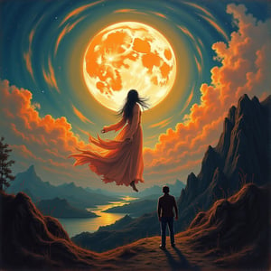 Perfect dynamic composition, Perfect Realism Photography, Portrait Photography, Realistic, hyper realistic, Cinematic Photography, panorama. | Painting "Mid-Autumn Festival, Chang'e Ascends to the Moon" in the style of Skrik (The Scream by Edvard Munch) | A swirling vortex of color and emotion. The serene image of Chang'e ascending toward the moon would be replaced by an ethereal, ghostly figure, her face twisted in an expression of both longing and existential fear. The moon, once a soft beacon of light, becomes a looming, distorted presence in the sky, glowing with an unsettling, almost ominous brightness. The surrounding clouds and night sky, instead of being calm, are now rendered in jagged, chaotic brushstrokes, their hues exaggerated into swirling oranges, reds, and purples, mirroring an inner turmoil. The landscape below, typically peaceful and harmonious in traditional depictions, undulates like a dreamscape, with distorted, ghostly silhouettes watching her ascent, emphasizing a sense of isolation and the fragility of the human condition in the face of the vast, uncaring universe. The entire scene vibrates with tension, as if the very fabric of reality is on the verge of unraveling.