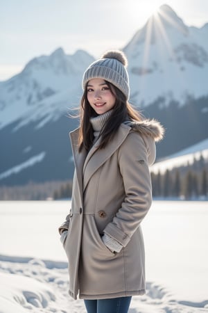 panorama,1girl, perfect body, skinny waist, Portrait Photography, Cinematic Photography | She stands gracefully in the middle of a vast, snow-covered landscape, the mountains rising behind her like silent guardians, their peaks blanketed in shimmering white. The cold air surrounds her, yet she seems unaffected, her face glowing with warmth. Her smile is radiant and gentle, lighting up her soft features, her lips slightly parted in joy. Dark hair cascades from under a knit beanie, a few strands catching the breeze, adding a playful contrast to the snow. Her eyes sparkle with life, reflecting the crisp beauty of the winter scene around her. The pale sunlight filters through the clouds, casting a soft glow on her skin, which has a rosy hue from the cold. She wears a thick coat, its colors muted against the brilliant snow, and her hands are gloved, one resting on her hip while the other dangles loosely by her side. The snow crunches softly beneath her boots, marking her connection to the serene world around her as she stands, peaceful and content, surrounded by nature's quiet majesty. The photo was shot with an ISO of 100 to capture the clarity of the scene and reduce noise, while an aperture of f/8 ensures both the girl and the snowy landscape are in sharp focus. The shutter speed was set to 1/500s to freeze any subtle movement, like snowflakes drifting in the wind. The white balance was set to 'Cloudy' to bring out the cool blues of the snow, while post-processing introduced a light vignette and slightly desaturated colors to create a serene, nostalgic atmosphere. The vast expanse of the mountains adds a sense of isolation, while the girl’s quiet stance evokes a peaceful solitude.