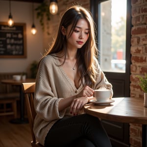 panorama,1girl, perfect body, skinny waist, Portrait Photography | A young woman in her early twenties sits at a small coffee shop table, wearing a cozy, oversized beige sweater that slightly drapes over her shoulders. The sweater has a ribbed texture that adds a casual yet stylish feel. Her dark jeans are rolled at the ankles, revealing a pair of worn-in, white sneakers with subtle scuff marks, indicating frequent use. Her long, wavy brown hair falls loosely around her face, framing her soft features. She wears minimal makeup, with just a hint of natural lip balm giving her lips a soft shine, and her nails are painted a deep maroon, gripping the ceramic mug. | She sits in a relaxed but engaged manner, leaning slightly forward with her elbows resting gently on the wooden table. Her fingers are curled delicately around a steaming cup of coffee, held close to her chest as if savoring its warmth. Her legs are crossed at the ankle, subtly angled toward the window, where soft light spills in. Her gaze is downcast, seemingly lost in thought as she idly traces the rim of the cup with her thumb. | The coffee shop is quaint, with a warm, rustic ambiance. The walls are lined with exposed brick, adorned with a few hanging plants and vintage posters. A large window to her right lets in the golden afternoon sunlight, casting gentle shadows across the wooden floor and tables. Behind her, a chalkboard menu with whimsical, hand-drawn illustrations displays the coffee shop's offerings. Soft, indie music hums in the background, blending with the occasional clinking of cups and quiet chatter of other patrons. | ISO of 200, a wide aperture of f/2.8 to blur the background, and a shutter speed of 1/125 to freeze the slight movements of her hands on the cup. White balance set to a warmer tone to highlight the golden sunlight spilling into the room.