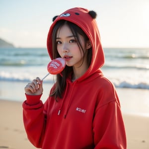 Perfect dynamic composition, Perfect Realism Photography, Portrait Photography, Realistic, hyper realistic, Cinematic Photography, panorama, 1girl, perfect body, skinny waist, mouth slightly open, ballooning cheeks, lips form a round | She is wearing a cute and cheerful hoodie based on the simple and adorable design of Minna No Tābō. The hoodie would be primarily red, reflecting the character’s iconic outfit. The hood would feature Minna No Tābō’s face design, complete with the character’s small black hair tufts and a wide, happy expression. The sleeves could include little hand designs or simple line accents to capture the character’s expressive arm movements. This hoodie would be perfect for fans of this classic character, offering a warm and fun design that spreads joy. | She is standing by the seaside, holding a Chupa Chups lollipop in one hand. With a relaxed posture, she enjoys the candy, bringing it towards her mouth. The cool breeze from the ocean gently brushes her hair, and the sound of waves crashing in the background adds to the tranquil scene. Her eyes gaze off into the distance, possibly lost in thought or savoring the sweetness of the candy. The sun casts a warm glow on her face, enhancing the peaceful moment as she indulges in the lollipop, the bright wrapper still visible in her hand.