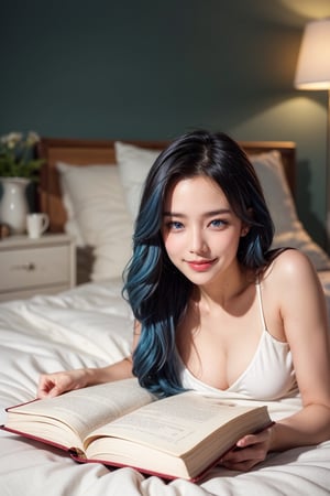 1girl, blue_hair, perfect body, perfect clavicle, cleavage, skinny waist, smile, looking down | t-shirt, skirt, lie on bed,  holding book by hands, reading | ambientlight, bedroom in background | Perfect dynamic composition, Perfect Realism Photography, Portrait Photography, Realistic, (bokeh effect:1.1)