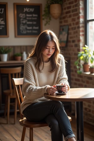 panorama,1girl, perfect body, skinny waist, Portrait Photography | A young woman in her early twenties sits at a small coffee shop table, wearing a cozy, oversized beige sweater that slightly drapes over her shoulders. The sweater has a ribbed texture that adds a casual yet stylish feel. Her dark jeans are rolled at the ankles, revealing a pair of worn-in, white sneakers with subtle scuff marks, indicating frequent use. Her long, wavy brown hair falls loosely around her face, framing her soft features. She wears minimal makeup, with just a hint of natural lip balm giving her lips a soft shine, and her nails are painted a deep maroon, gripping the ceramic mug. | She sits in a relaxed but engaged manner, leaning slightly forward with her elbows resting gently on the wooden table. Her fingers are curled delicately around a steaming cup of coffee, held close to her chest as if savoring its warmth. Her legs are crossed at the ankle, subtly angled toward the window, where soft light spills in. Her gaze is downcast, seemingly lost in thought as she idly traces the rim of the cup with her thumb. | The coffee shop is quaint, with a warm, rustic ambiance. The walls are lined with exposed brick, adorned with a few hanging plants and vintage posters. A large window to her right lets in the golden afternoon sunlight, casting gentle shadows across the wooden floor and tables. Behind her, a chalkboard menu with whimsical, hand-drawn illustrations displays the coffee shop's offerings. Soft, indie music hums in the background, blending with the occasional clinking of cups and quiet chatter of other patrons. | ISO of 200, a wide aperture of f/2.8 to blur the background, and a shutter speed of 1/125 to freeze the slight movements of her hands on the cup. White balance set to a warmer tone to highlight the golden sunlight spilling into the room.