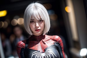 (1girl, white hair), medium breasts, (cosplay spiderman suit, black color), (bokeh effect:1.3), (fullbody_shot), ISO 800