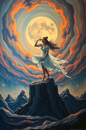 Perfect dynamic composition, Perfect Realism Photography, Portrait Photography, Realistic, hyper realistic, Cinematic Photography, panorama. | Painting "Mid-Autumn Festival, Chang'e Ascends to the Moon" in the style of Skrik (The Scream by Edvard Munch) | A swirling vortex of color and emotion. The serene image of Chang'e ascending toward the moon would be replaced by an ethereal, ghostly figure, her face twisted in an expression of both longing and existential fear. The moon, once a soft beacon of light, becomes a looming, distorted presence in the sky, glowing with an unsettling, almost ominous brightness. The surrounding clouds and night sky, instead of being calm, are now rendered in jagged, chaotic brushstrokes, their hues exaggerated into swirling oranges, reds, and purples, mirroring an inner turmoil. The landscape below, typically peaceful and harmonious in traditional depictions, undulates like a dreamscape, with distorted, ghostly silhouettes watching her ascent, emphasizing a sense of isolation and the fragility of the human condition in the face of the vast, uncaring universe. The entire scene vibrates with tension, as if the very fabric of reality is on the verge of unraveling.