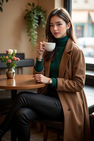 panorama,1girl, perfect body, skinny waist, Portrait Photography | A young woman in her early twenties sits at a small coffee shop table, wears a sleek, forest-green turtleneck sweater that fits snugly, accentuating her relaxed yet polished style. Over the sweater, she has on a light brown, double-breasted wool coat, left unbuttoned, adding a touch of urban sophistication. Her black, high-waisted trousers have a tailored fit, with slim legs tapering just above her ankle boots. The boots are matte black leather with a slight heel, giving her look an understated edge. Her hair, still long and wavy, is now neatly tucked behind one ear, revealing a small, gold hoop earring. She’s also wearing a simple, silver wristwatch on her left hand, complementing her overall minimalist aesthetic. | She seated with her body turned slightly toward the window, her coat falling open as she leans forward. One hand cradles the coffee cup close to her lips, while the other rests on the table, fingers lightly tapping the surface. Her posture is calm yet intentional, exuding quiet confidence. Her legs are crossed at the knee this time, emphasizing a more poised and elegant demeanor. | The coffee shop is quaint, with a warm and rustic, but with a more modern touch to match her updated style. The wooden tables now have small glass vases with fresh flowers, and the hanging plants are more lush, adding a sense of vitality to the space. The large window still lets in the same golden light, but outside, you can catch glimpses of a bustling city street with blurred figures walking by. The atmosphere is cozy yet lively, as the soft chatter of other customers blends with the ambient music. | ISO of 400 to balance the indoor light. A wide aperture of f/2.2 will keep the focus on her while allowing the background to softly blur. A shutter speed of 1/100 will capture her subtle movements, and white balance should be slightly cooler to contrast her warm clothing tones and the golden light from the window.