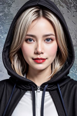 (18yo asian girl, white hair, blue_eyes, black_hooded_cloak, seductive_smile), full body shot, outer space, 
highres 16k wallpaper, ultra highres, masterpiece, ultra realistic, The atmosphere is captured in high grain, reminiscent of ISO 800 film with wide angle, photorealistic, REALISM