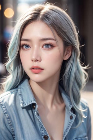 1girl, white_hair:blue_hair:0.5, perfect body, skinny waist, sadness | (unbutton jeans jacket, undress:1.1) | street in background, realistic, (bokeh effect:1.3)