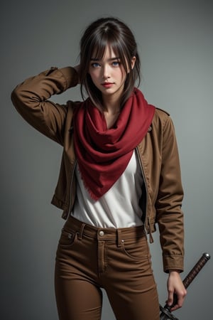 Cinematic Photography, 1girl, white_hair, perfect body, perfect clavicle, cleavage, skinny waist | She is wearing a brown jacket, a white shirt, a red scarf, and brown boots. Her boots are brown, and she is holding a sword in her right hand. Her left hand is raised in the air, while her right arm is bent at the elbow. Her eyes are a piercing blue. Her hair is a dark brown, with bangs and bangs. She has a serious expression on her face. | Perfect dynamic composition, Perfect Realism Photography, Portrait Photography, Realistic, hyper realistic