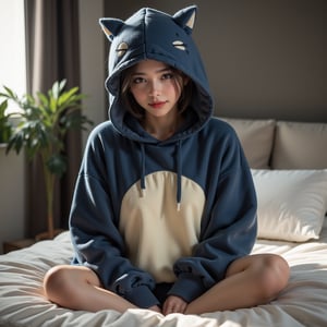 Perfect dynamic composition, Perfect Realism Photography, Portrait Photography, Realistic, hyper realistic, Cinematic Photography, full body shot, panorama, 1girl, perfect body, skinny waist | She is wearing a cozy, oversized hoodie inspired by the Snorlax’s soft and round appearance. The hoodie would be primarily dark blue with a large cream-colored belly section on the front to mimic the character’s body. The hood would feature small, pointy blue ears and a relaxed face design with closed eyes and tiny fangs peeking out for a sleepy, relaxed vibe. The sleeves and cuffs could have small white claws sewn in to match the character’s hands and feet. This hoodie would be perfect for a laid-back, comfortable, and playful look. | She sat cross-legged on the bed, her feet tucked comfortably beneath her as she leaned back against the headboard. The soft blanket was pulled up around her legs, and she absentmindedly traced the patterns on the fabric with her fingers. The bedroom was quiet, bathed in the soft light streaming in from the window, creating a cozy, intimate atmosphere