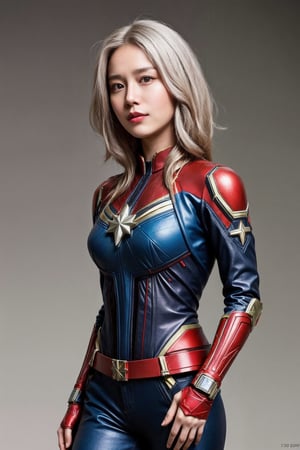 (asian girl, 18yo, white hair), (suit of captain marvel), hands_on_hips, leg_lift, (cowboy_shot), 
highres 16k wallpaper, ultra highres, masterpiece, ultra realistic, The atmosphere is captured in high grain, reminiscent of ISO 800 film with wide angle, photorealistic, REALISM
