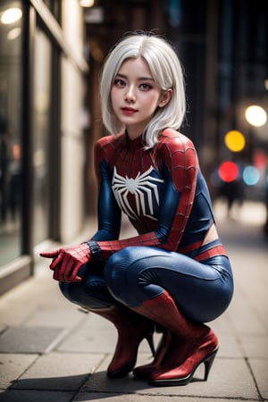(1girl, white hair), (cosplay spiderman suit), squatting like spiderman, (bokeh effect:1.3), (cowboy_shot),  ISO 800