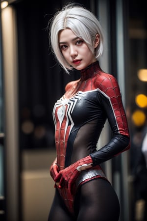 (1girl, white hair), (cosplay spiderman suit, black color), (bokeh effect:1.3), ISO 800