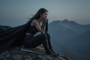 Perfect dynamic composition, Perfect Realism Photography, Portrait Photography, Realistic, hyper realistic, Cinematic Photography, panorama, full body shot, wide shot, 1girl, perfect body, skinny waist | She is wearing a simple yet form-fitting sleeveless shirt, has a large, flowing cape that billows dramatically behind her, due to wind. She wears armored bracers on both forearms. She wears rugged pants that are suitable for combat, tucked into boots for practicality and ease of movement. She has a sturdy boots. | She sits on the rock with an air of contemplation or determination, with knees apart, feet planted firmly on the ground. Both hands are clasped together in front of her face, or just below hier chin, creating a sense of deep thought or strategizing. Lean forward slightly. The pose of the head resting on the hands gives an impression of focus, perhaps after a significant event or in preparation for something to come. Her expression typically serious, with a cold, determined, or brooding look. | A sword is planted nearby her, its presence emphasizing their warrior status. It may represent readiness, as though they could stand and wield it at any moment. | The background is mountain in the night