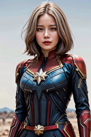 (asian girl, 18yo, white hair), (suit of captain marvel), hands_on_hips, leg_lift, (cowboy_shot), outer spaceb ackground, 
highres 16k wallpaper, ultra highres, masterpiece, ultra realistic, The atmosphere is captured in high grain, reminiscent of ISO 800 film with wide angle, photorealistic, REALISM