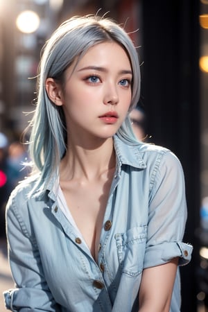 1girl, white_hair:blue_hair:0.5, perfect body, skinny waist, sadness | (unbutton jeans jacket, undress:1.1) | street in background, realistic, (bokeh effect:1.3)