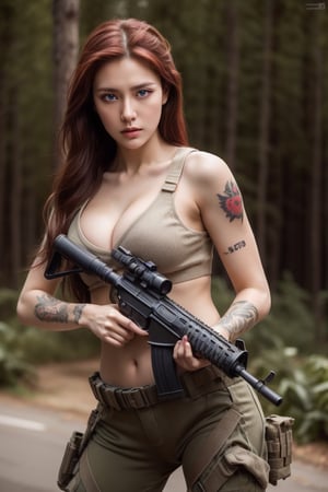 1girl, red_hair, perfect body, perfect clavicle, cleavage, skinny waist, intense stare | (vine_tattoo), assault rifle, m16 rifle, military suit | battlefield in background, ambientlight | Perfect dynamic composition, Perfect Realism Photography, Portrait Photography, Realistic, (bokeh effect:1.3)